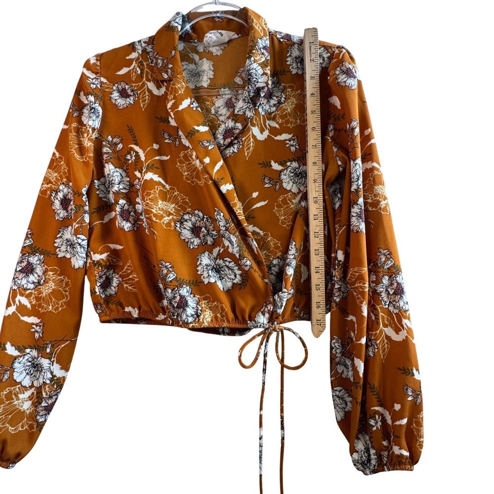 Sadie & Love Floral Wrap Top Small Mustard Orange Long Sleeve Boho Crop Blouse S - Picture 6 of 6